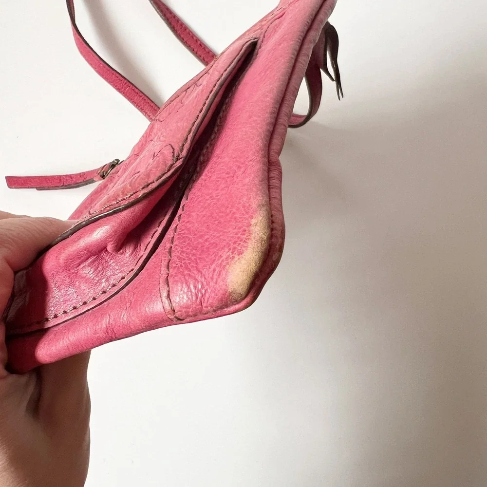 Fossil Crossbody Bag Small Pink Leather Floral Embossed Zip Pocket Adjustable
